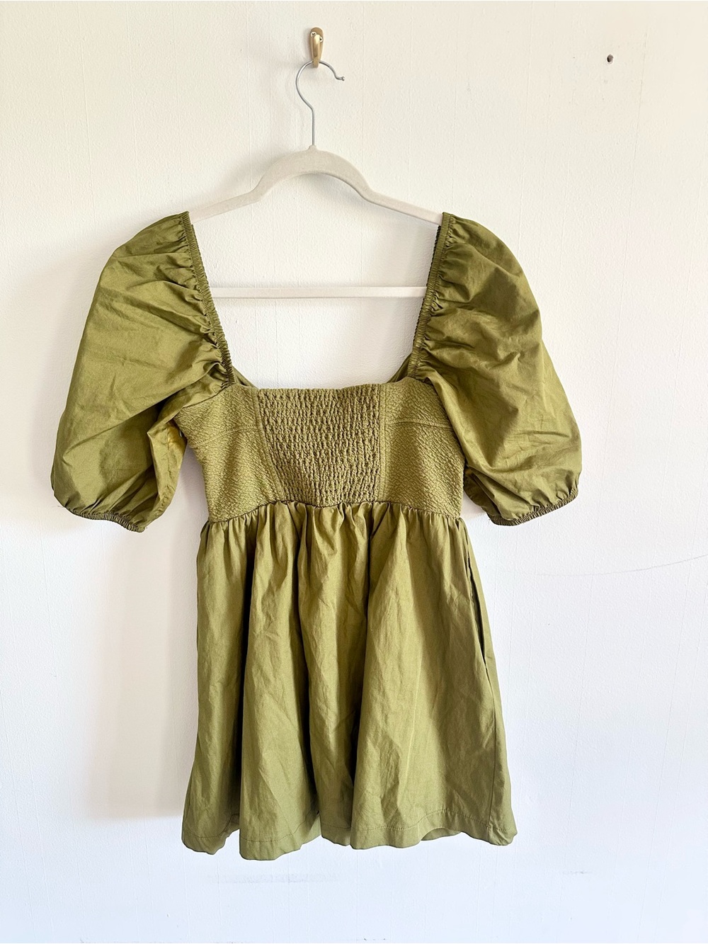 Anthropologie Maeve Olive Green Puff Sleeve Babydoll Mini Dress XS - Picture 3 of 6